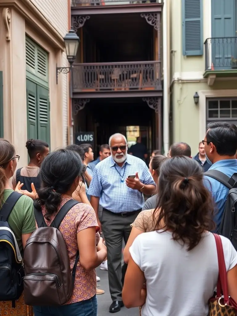 A candid shot of participants on a LES ZAZOUS-organized music tour, exploring a historical jazz site in New Orleans, with a knowledgeable guide explaining the significance of the location, highlighting the educational aspect of the tour.