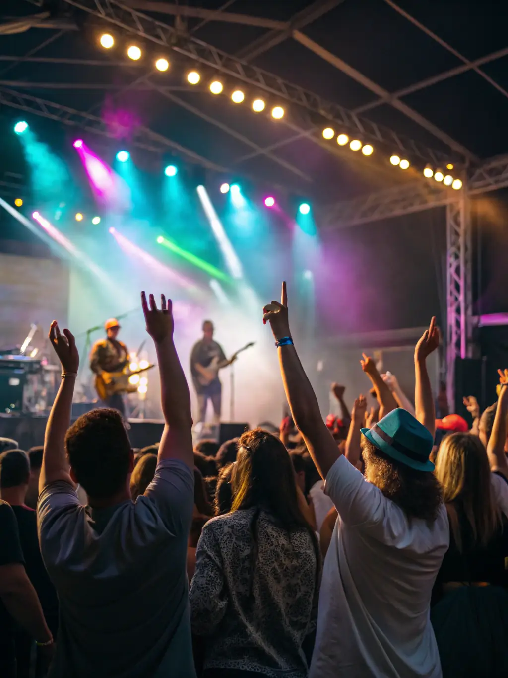A dynamic photo of a live rock and roll concert organized by LES ZAZOUS, featuring a band on stage, a lively crowd dancing, and colorful stage lighting, showcasing the excitement and community spirit of the event.
