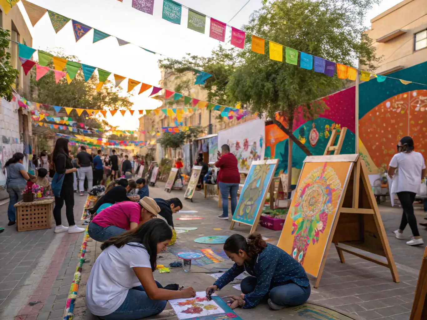 A colorful photograph capturing the energy and excitement of a LES ZAZOUS cultural festival, showcasing diverse performances and community participation.