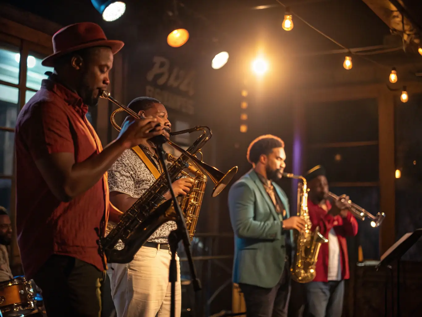 A vibrant image of a live swing band performing on stage at a LES ZAZOUS concert, with dancers enjoying the music in the foreground.