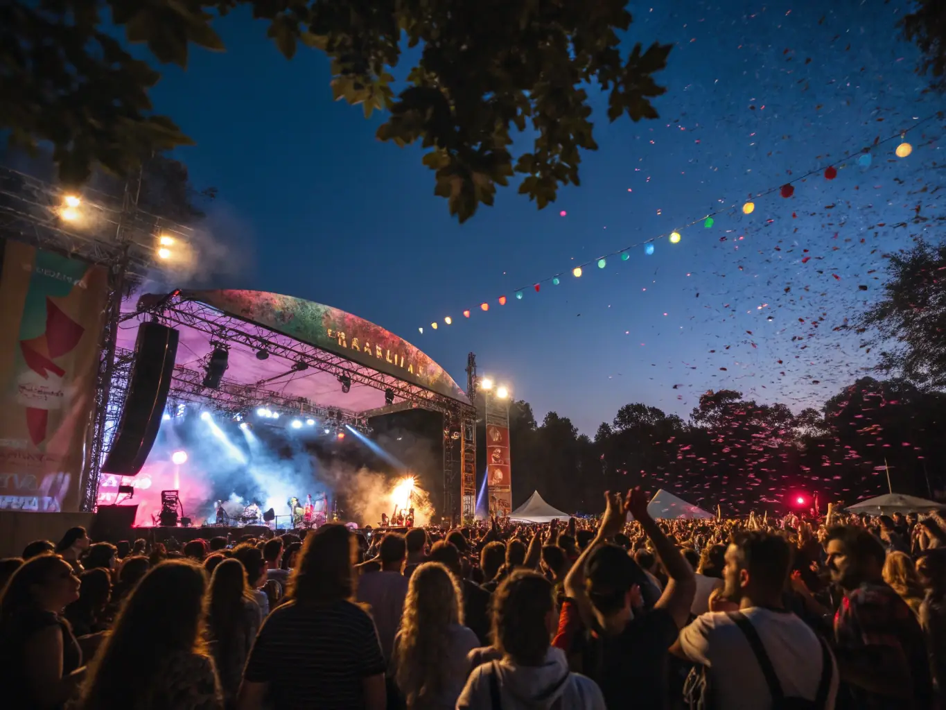 A vibrant image of a large outdoor music festival with a diverse crowd dancing and enjoying live performances under colorful lights, representing LES ZAZOUS' concerts and festivals.