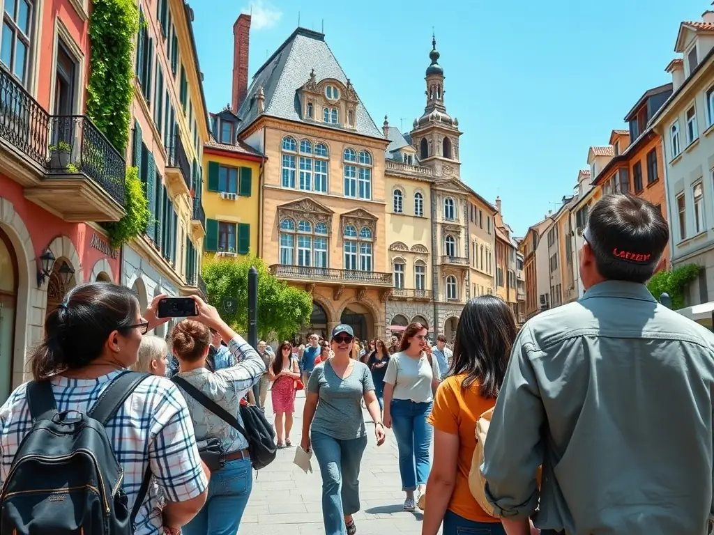 A scenic photo of a group of travelers exploring a historic music venue in a European city, with musical instruments and cultural landmarks, representing LES ZAZOUS' travel and music tours.
