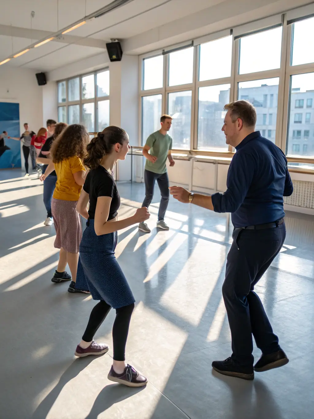 A vibrant image of a swing dance class in progress, with diverse participants of all ages enjoying themselves, set in a brightly lit studio with vintage decor, capturing the energy and joy of the dance.