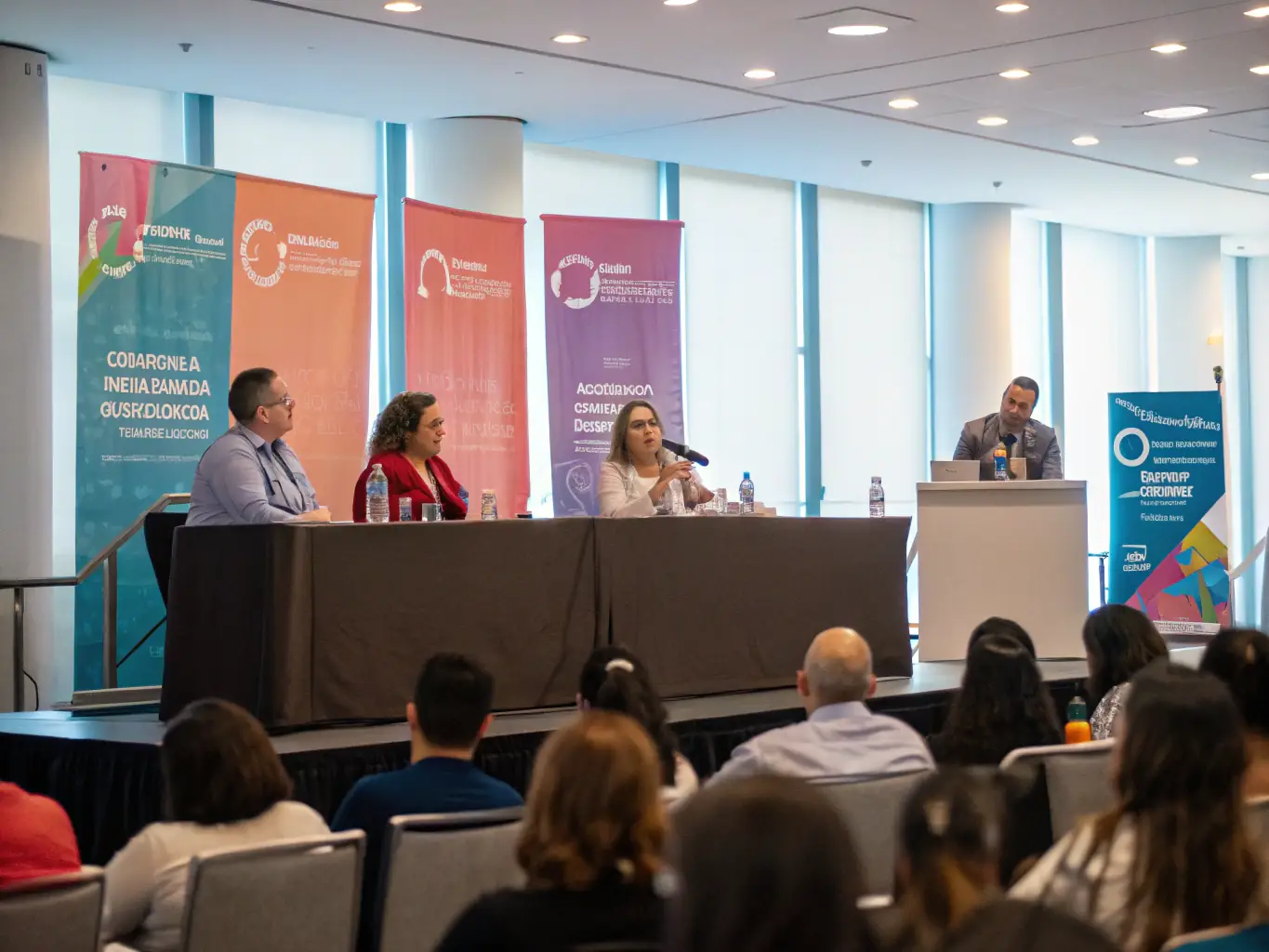 An image of a conference room with speakers presenting to an engaged audience, with cultural artwork displayed in the background, showcasing LES ZAZOUS' cultural conferences and meetings.